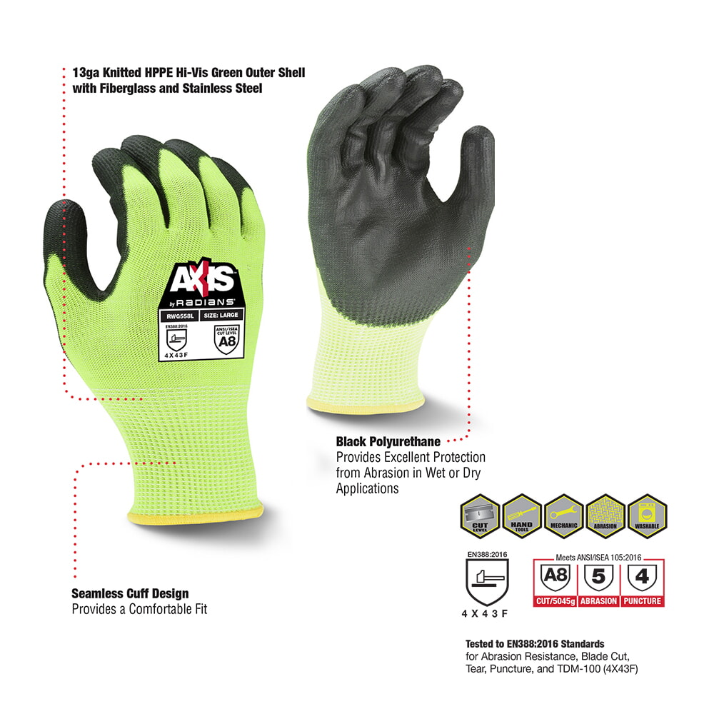 Radians RWG558 PU Palm Coating Cut A7 Work Glove 13-Gauge